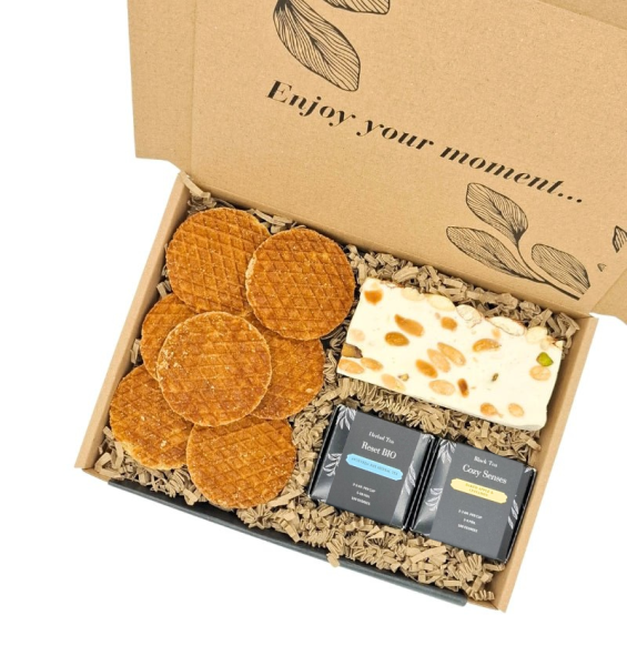 Coffret cadeau de gaufres au sirop néerlandais comprenant un nougat et des thés Zen